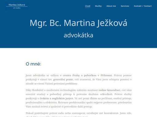 jsem advokátka se sídlem v centru prahy a pobočkou v příbrami. právní pomoc poskytuji v rámci tzv. generální praxe, což znamená, že vám jsem schopna pomoci v zásadě se všemi vašimi právními problémy.