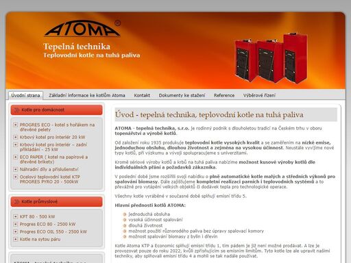atoma - teplovodní kotle na tuhá paliva, spalování veškeré biomasy, kusového dřeva, dřevních štěpků, dřevěných briket, pilin, kůry