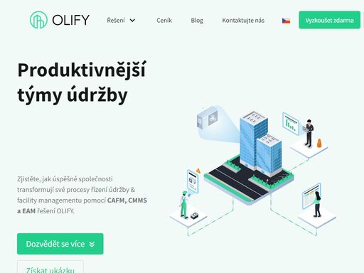 olify je řešení pro efektivnější řízení údržby a facility management (cafm a cmms). preventivní údržba, evidence majetku, úkoly údržby, (i)iot monitoring a podpora bim.