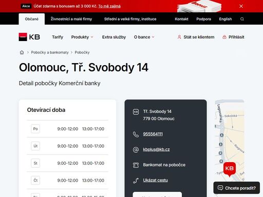 seznam a vyhledávání poboček a bankomatů komerční banky.