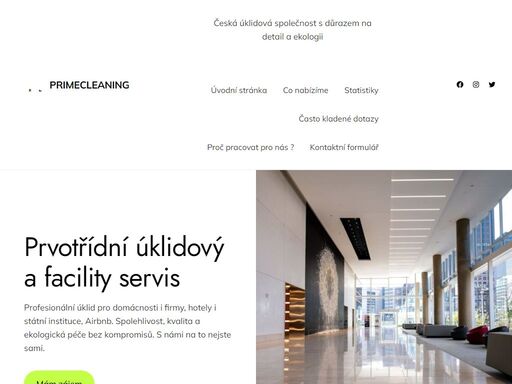 prvotřídní úklidový a facility servis profesionální úklid pro domácnosti i firmy, hotely i státní instituce, airbnb. spolehlivost, kvalita a ekologická péče bez kompromisů. s námi na to nejste sami. mám zájem prémiové úklidové řešení zajišťujeme komplexní úklid, který přesně odpovídá vašim potřebám pro bezchybnou čistotu. rutinní úklid naše pravidelné služby zajišťují stálou čistotu a pohodlí.