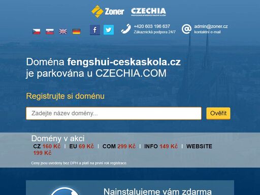 naši doménu fengshui-ceskaskola.cz spravuje registrátor regzone.cz na profesionálním hostingu od czechia.com. využijte jejich služeb stejně jako my a získáte skvělou parkovací stránku, špičkové technologické zázemí, nonstop podporu a mnoho dalších výhod.