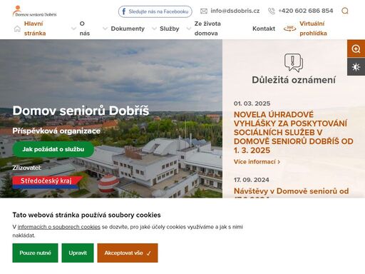 domov seniorů dobříš je příspěvková organizace postavená v letech 2000–2001, umístěná v klidné části města v docházkové vzdálenosti od centra a zámku.