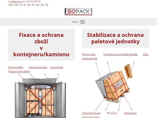 společnost sopack s.r.o. je distributor protiskluzových proložek, papírových a plastových palet a slip sheet podložek. zároveň nabízíme vzduchové fixační vaky, vázací prostředky, termoregulační obaly i kontejnerové vložky společnost sopack nabízí své produkty v česku, slovensko a polsku.