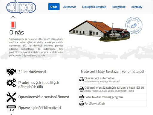 prezentace spolčenosti zabývající se autoservisem, ekologickou likvidací autovraků a specializací na servis aut značky ford