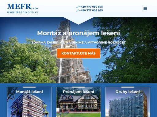 mefr nabízí tyto služby: montáž lešení, pronájem lešní, demontáž lešení a samozřejmě také dopravu lešení.