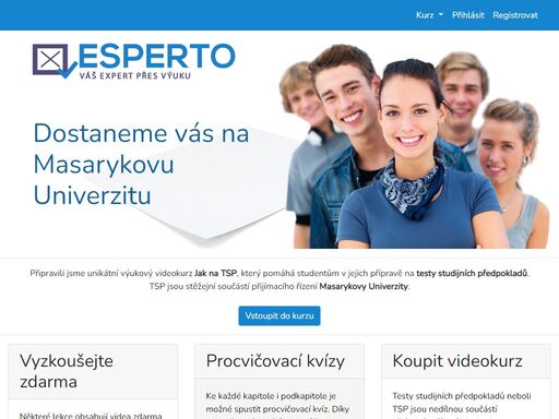 testy studijních předpokladů neboli tsp jsou nedílnou součástí přijímacího řízení masarykovy univerzity. my se doučováním studentů na tsp zabýváme již několik let a rozhodli jsme se vytvořit unikátní výukový program sestavený z videomateriálů, podpůrných textů, procvičovacích kvízů a dalších výukových podkladů.