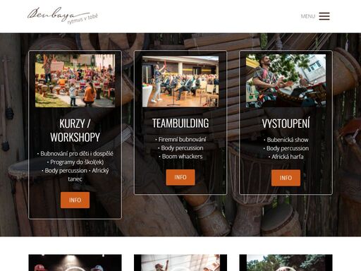 od roku 2008 se věnujeme pořádání kurzů, hudebních vystoupením a firemním teambuildingům po celé čr a v zahraničí. vystupujeme s bubenickou show na festivalech, koncertujeme na africké nástroje v klubech, děláme hudební programy do škol a školek.