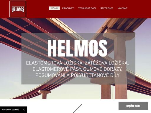 
elastomerová ložiska helmos
 zátěžová ložiska 
 klínky
 elastomerové pásy
 gumové dorazy na nákladní vozidla a nakládací rampy
-	polyuretanové válečky a kolečka
-	části potažené polyuretanem
-	polyuretanové díly
-	pogumované válečky a kolečka
-	pogumované díly
-	pryžové díly
