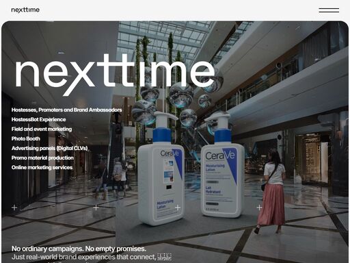 nexttime | experts in promo events, sampling & brand activation. boost your brand with tailored offline marketing, hostessbot automation & 23+ years of experience.

