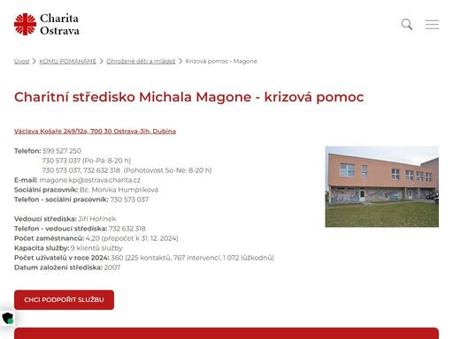 posláním charitního střediska michala magone – krizové pomoci v ostravě – dubině je poskytnutí nezbytné individuální pomoci a podpory lidem, kteří se ocitli v krizové životní situaci, nejsou schopni ji řešit vlastními silami; pomoc je poskytnuta krátkodobě, bezplatně a je spojena s ubytováním a možností začlenění do běžného života.