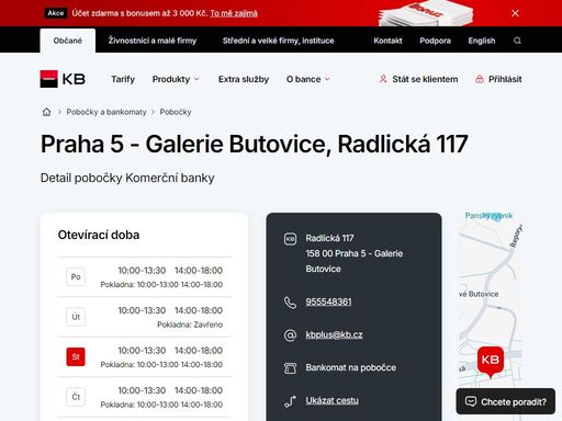 seznam a vyhledávání poboček a bankomatů komerční banky.
