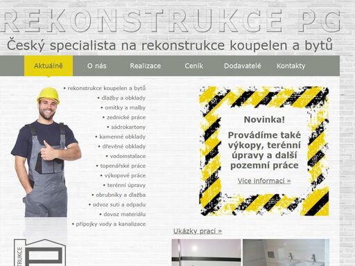 rekonstrukce pg - pavel goldman provádí kompletní rekonstrukce bytů, rekonstrukce bytových jader, rekonstrukce koupelen, vodoinstalatérské a topenářské práce, úpravy nebytových prostor, zednické práce, obkladačské práce, dřevěné a kamenné obklady stěn a stropů, štukatérské práce a šlechtěné omítky, sádrokartonářské práce, malířské, natěračské a lakýrnické práce. dále provádí terénní úpravy zahrad a ostatních pozemků, pokládku venkovní dlažby a obrubníků, kopání základů, zahradních jezírek, instalaci vodovodních a kanalizačních přípojek, dovoz stavebního materiálu, odvoz suti a odpadu.