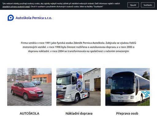 autoškola pernica provozuje autoškolu, ale také vnitrostátní a mezinárodní autodopravu, autobusovou dopravu, spediční služby i zemní práce. firma byla založena již v roce 1991, má široký vozový park a vlastní servisní středisko. sídlí v blansku.