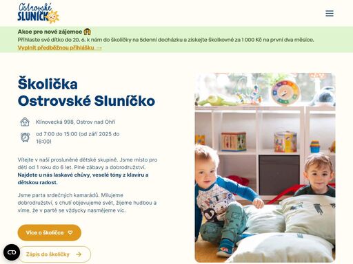 dětská skupina pro děti od 1,5 do 6 let. najdete u nás laskavé chůvy, veselé tóny z klavíru a dětskou radost.