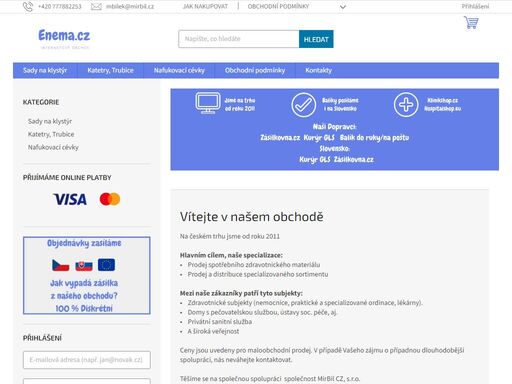 vítejte v našem obchodě. na českém trhu jsme od roku 2011
hlavním cílem, naše specializace:•    prodej spotřebního zdravotnického materiálu•    prodej a distribuce specializovaného sortimentu mezi naše zákazníky patří tyto subjekty:•    zdravotnické subjekty (nemocnice, praktické a specializované ordinace, lékárny).•…