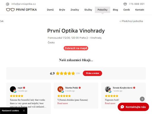 jen kousek od náměstí míru naleznete pobočku první optiky. široký výběr obrouček, měření zraku na místě a usměvavý specialista s citem pro estetiku.