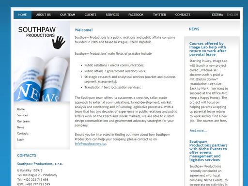 southpaw productions is a public relations and public affairs company founded in 2005 and based in prague, czech republic.
practice include: public relations / media communications; public affairs / government relations work; strategic research and analytical services (market and business segment assessments); translation / text localization services;