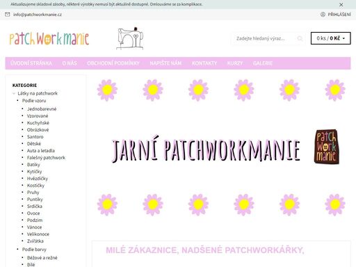 homepage. milé zákaznice, nadšené patchworkářky,
 
s příchodem jara přichází i nové možnosti pro tvoření a zútulnění vašeho domova. 
v našem obchůdku najdete širokou nabídku bavlněných látek s jarními motivy, které dodají vašim projektům svěží a barevnou atmosféru.
????????????????????????
připravili jsme pro vás spoustu…