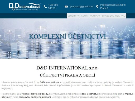 hlavním předmětem činnosti firmy d&d international s.r.o., jejíž klientelou jsou malé a střední podniky, je vedení účetnictví. praha a středočeský kraj jsou oblastmi, kde převážně působíme, jsme ale otevřeni spolupráci v oblasti účetnictví i v dalších regionech.