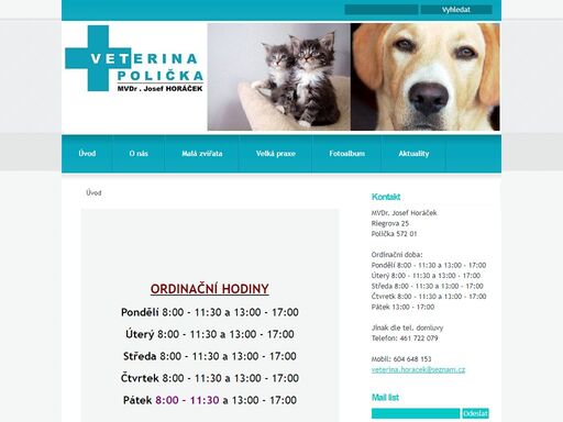 naše veterinární ordinace je pro vás a vaše pacienty otevřena v centru města poličky od roku 1999.  věnujeme se praktické veterinární medicíně a poskytujeme kompletní veterinární služby v péči o malá i velká zvířata.
 v současné době pracujeme v kolektivu dvou veterinárních lékařů. mvdr. josef horáček,     mvdr. pavla salášková
