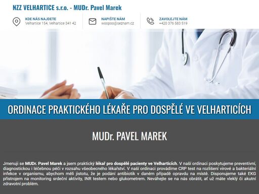 mudr. pavel marek provozuje ordinaci praktického lékaře ve velharticích, kde poskytuje preventivní, diagnostickou a léčebnou péči na vysoké úrovni.