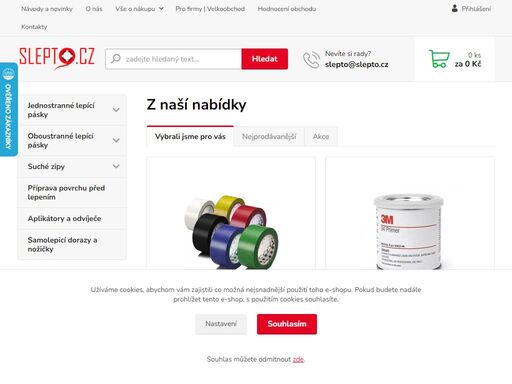 nejširší nabídka lepicích pásek a suchých zipů ?? jednostranné lepicí pásky ?? oboustranné lepicí pásky ?? suché zipy ?? lepidla ??