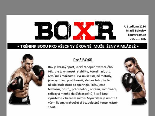 tréninkové studio boxr v mladé boleslavi se specializuje na výuku boxu. tréninky jsou komplexní se zaměřením na fyzičku, střed těla, rozvoj fyzické ale i mentální síly. všechny úrovně jsou vítány. děleno podle pohlaví.