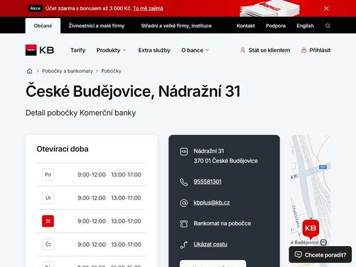 seznam a vyhledávání poboček a bankomatů komerční banky.