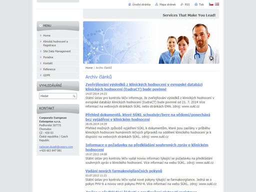 společnost corporate european enterprise s.r.o. je dynamicky se rozvíjející organizací zaměřenou na poskytování služeb s mimořádným standardem kvality v oblastech vědy a výzkumu (včetně registrací léčiv) ve farmaceutickém průmyslu a zdravotnictví