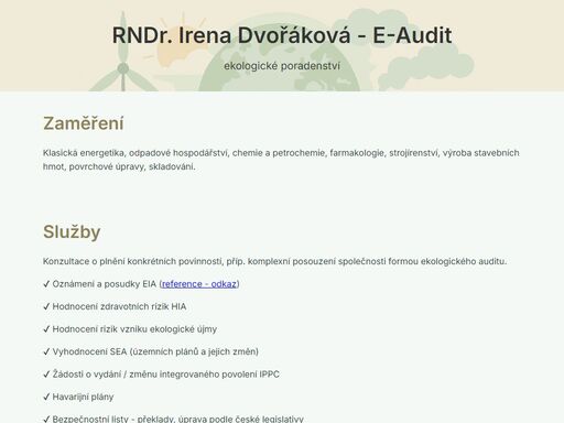 e-audit - rndr. irena dvořáková - oznámení eia, posudky, dokumentace, kontakty