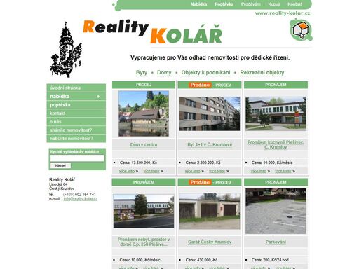 realitní kancelář. prodej i pronájem nemovitostí. nabídky, poptávky. rodinné domy, byty, chaty a chalupy, kanceláře, obchody, sklady, pozemky. použit realitní software: internetum - reality web studio - www.realityweb.cz
