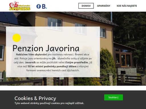 penzion javorina se nachází na okraji malebné šumavské obce javorník v jihočeském kraji. nabízí komfortní ubytování v apartmánech a pokojích s celkovou kapacitou až 25 lůžek. všechny pokoje jsou orientovány na jih, což zajišťuje dostatek slunečního svitu po celý den., komfortní apartmánové ubytování v srdci šumavy. klid, příroda a rodinná atmosféra v javorníku na šumavě. těšíme se na vás!