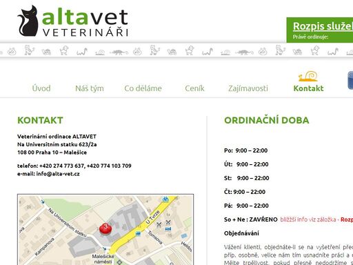 veterinární ordinace praha - altavet se nachází v praze – malešicích. je umístěna v klidné lokalitě dobře dostupné vozem i městskou hromadnou dopravou. možnost pohodlného parkování přímo před vchodem do ordinace.