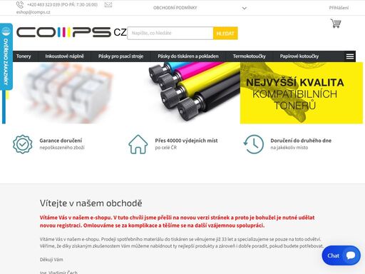 vítejte v našem obchodě. vítáme vás v našem e-shopu. v tuto chvíli jsme přešli na novou verzi stránek a proto je bohužel je nutné udělat novou registraci. omlouváme se za komplikace a těšíme se na další vzájemnou spolupráci.
vítáme vás v našem e-shopu. prodeji spotřebního materiálu do tiskáren se věnujeme již 33 let…