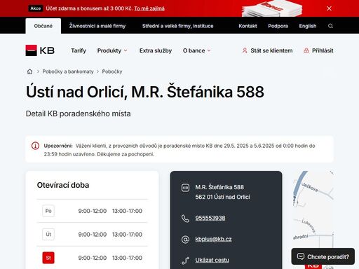 seznam a vyhledávání poboček a bankomatů komerční banky.