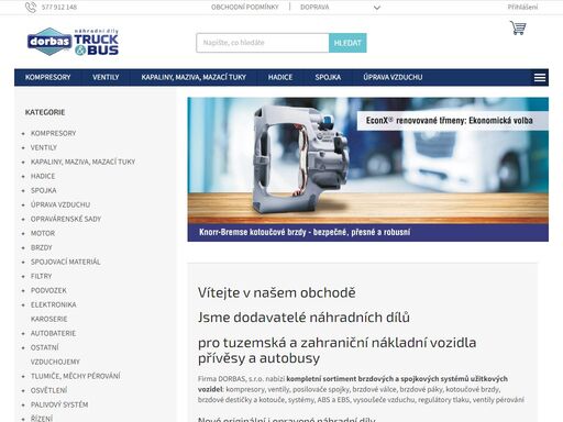 vítejte v našem obchodě. jsme dodavatelé náhradních dílů
pro tuzemská a zahraniční nákladní vozidlapřívěsy a autobusy
firma dorbas, s.r.o. nabízí kompletní sortiment brzdových a spojkových systémů užitkových vozidel: kompresory, ventily, posilovače spojky, brzdové válce, brzdové páky, kotoučové brzdy, brzdové…