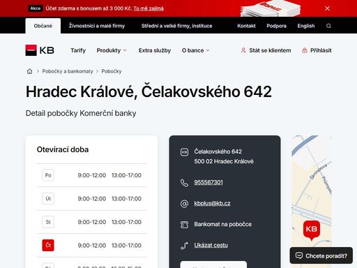 seznam a vyhledávání poboček a bankomatů komerční banky.