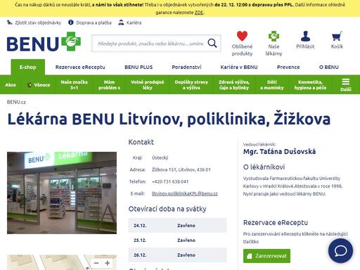 ?lékárna má bezbariérový přístup a je zároveň výdejním místem našeho e-shopu. zaměřuje se na dětský sortiment, geriatrickou a zubní péči a speciální výživu.?