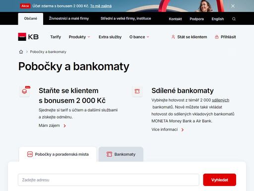 seznam a vyhledávání poboček a bankomatů komerční banky.