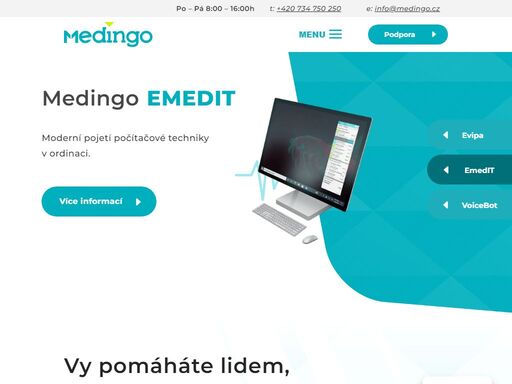 medingo nabízí inovativní řešení pro lékaře a zdravotníky již přes 10 let. evipa, emedit, voicebot - naše technologie otevírají dveře k modernímu zdravotnictví.
