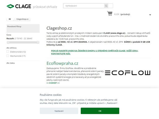 tento eshop je elektronickým prodejním místem zastoupení clage (www.clage.cz) .  usnadní nákup ohřívačů vody a jejich příslušenství on-line, s možností dodání d