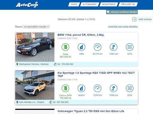 nabídka vozů na webu autocaris.cz