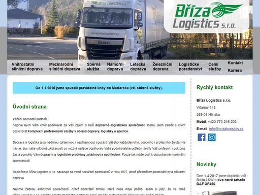 bříza logistics s.r.o. zajišťuje služby v oblasti dopravy