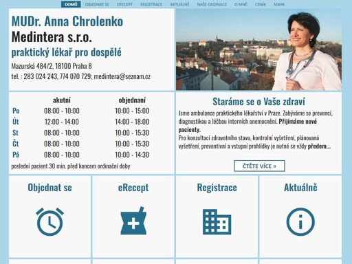 medintera s.r.o. mudr. anna chrolenko, praktická lékařka pro dospělé praha 8, poliklinika mazurská. ordinační hodiny. doktor, doktorka. hovoříme rusky