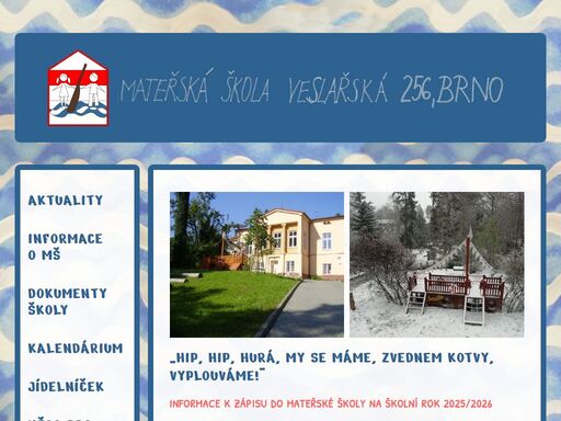 hip, hip, hurá, my se máme, zvednem kotvy, vyplouváme! informace k zápisu do mateřské školy na školní rok 2025/2026 nyní aktuálně probíhá přijímací řízení, rodiče přihlášených dětí prosím vyčkejte na email s dalšími informacemi o přijetí či nepřijetí vašeho dítěte do naší mateřské školy. vážení rodiče, jako správní námořníci jsme mobilní! máme zase něco nového - začínáme používat novou aplikaci školka v kapse | twigsee. můžete si ji nainstalovat do svých mobilních zařízení, uvidíte, co je ve školce nového, plánované akce na nástěnce, můžete své dítě omluvit z docházky a také zde najdete aktivní odkaz na strava.cz | přihlásit se,...
