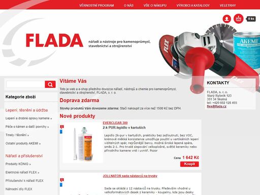 web a e-shop předního dovozce nářadí, nástrojů a chemie pro kamenoprůmysl, stavebnictví a strojírenství, flada, s. r. o.