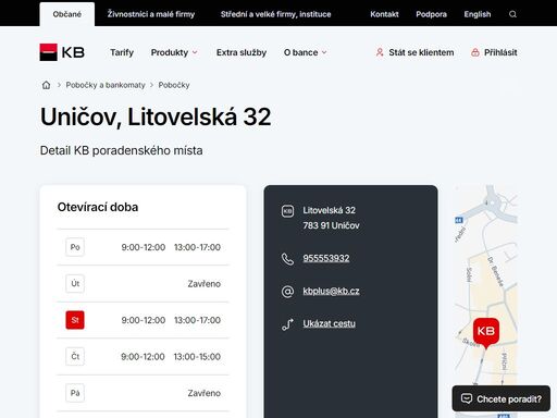 seznam a vyhledávání poboček a bankomatů komerční banky.