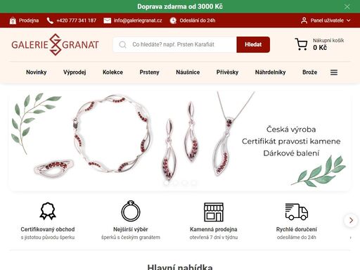 prozkoumejte naši nabídku granátových šperků. najdete v ní prsteny moderní i klasické, náušnice různých stylů od pecek až po visací. váš dekolt dokonale ozdobí přívěsky či náhrdelníky a vaši ruku elegantně zkrášlí i naše granátové náramky nebo hodinky. samozřejmostí jsou nestárnoucí a granátem proslulé brože.
vyberou si také muži, pro ně máme doplňky v podobě manžetových knoflíčků. nechybí ani pánské prsteny a kravatové spony!
mimo český granát vás na naší stránce jistě upoutají i šperky s vesmírným zeleným vltavínem. najdete jej zde v surovém i broušeném stavu. šperk, který v poslední době získal nebývalou popularitu, je právě vltavín v kombinaci s českým granátem.