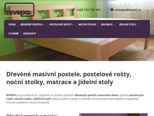 vyrábíme kvalitní dřevěné postele z masivního dřeva, postelové rošty, noční stolky, jídelní stoly. dodáváme ortopedické matrace. mivepo je ryze česká firmy s garancí kvality.